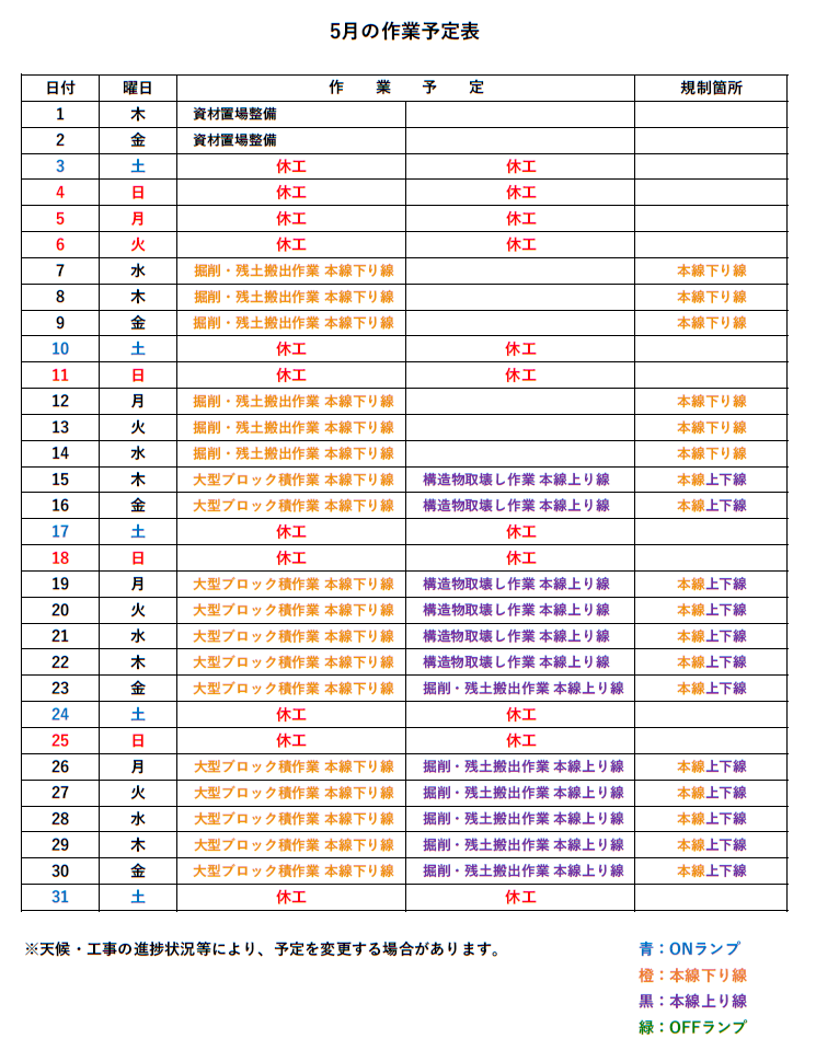 5月の予定図